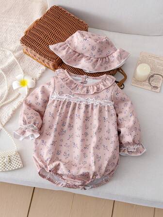 2pcs/Set Newborn Baby Girls Cute Stylish Long Sleeve Bodysuit And Hat, Spring/Autumn Outfit