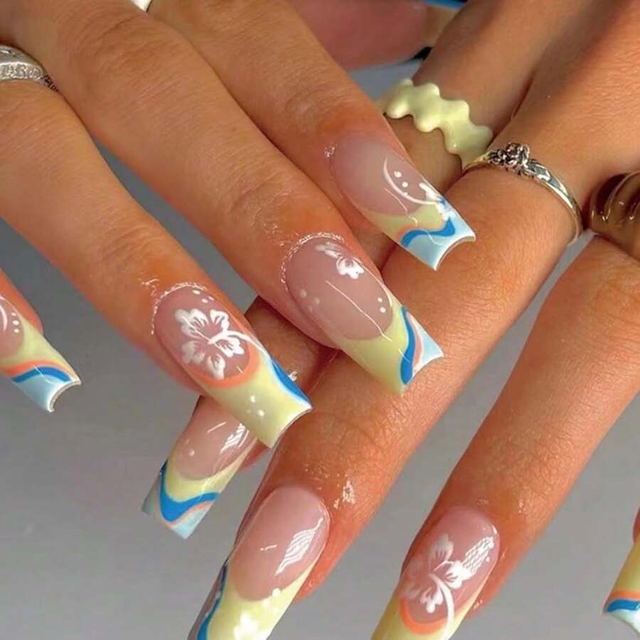 Coffin Press On Nails Long False French Nails Full Cover Flower Acrylic Fake Green Swirl Nails For Women And FFgirls 24PCS{Inchcolor_nameinch:InchColor9inch} - 顏色9 - 查看 1