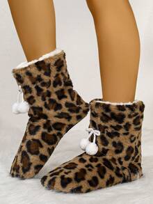 Women's Comfortable & Warm Leopard Print Indoor Bootie Slippers; Thick Insulated Lining, Fashionable Appearance, Durable Lightweight Sole, Suitable For Casual Home & Sports Wear - Brown - View 6