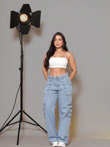 Women's Wide Leg Cargo Pants, 100% Cotton, With Functional Pockets – Premium Light Wash (Blogger Style) - 淺色水洗藍 - 查看 1