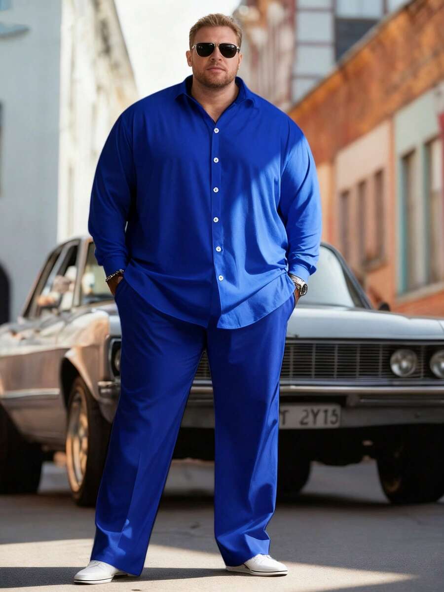 Plus Size Casual Sport Suit, Outdoor Leisure Men'S Button Closure Jacket And Casual Pants Spring Summer Sets For Adult Males, PLUS SIZE - Blue - View 1