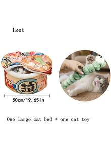 1 Stück vintage Katzen Bett Haus, Design einer Instantnudelverpackung, warmes atmungsaktives Katzen & Hunde Kennel Bett mit Kissen Halter, gemütliches Nest für Haustiere