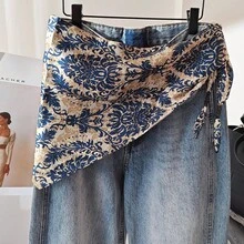 Autumn Vintage Waist-Tied Triangle Scarf, Cashew Nut Pattern Bandana, Jeans, Waist Accessories, Versatile Trouser Curtain Scarf - 三角巾披肩-蕨草藍色 - 查看 4