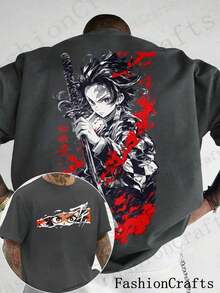 Cotton Men's T-Shirts, Double-Sided Printed Anime T-Shirts, Character Shirts, Anime Fan Gifts, Knitted Pullover T-Shirts, Comic-Style Anime Pattern T-Shirts, Casual Men's Clothing, Street Style Fashion | Exquisite Design |   Loose And Comfortable |   Easy To Match | - 灰色 - 查看 6