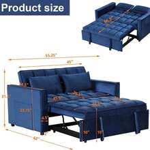 3 In 1 Convertible Sleeper Sofa Bed, Modern Velvet Loveseat Couch Pullout Bed For Living Room, Small Love Seat Lounge Sofa With Reclining Backrest, Pillows And Side Storage Pocket - Màu xanh lam - Xem 5