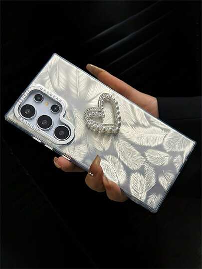 Stylowe etui na telefon z perłowym wzorem serca i kryształkami 3D w kształcie serca z motywem piór i gradientem, kompatybilne z Samsung Galaxy S25 Ultra S24 Ultra S23 Ultra S22 Ultra S25 S24 S23 Plus, luksusowa powłoka, ochrona obiektywu aparatu, tylna osłona