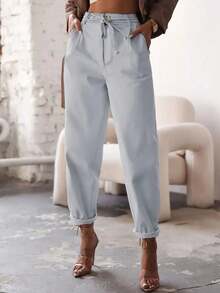 Women's Solid Color Pleated Pocket Casual Tapered Pants Spring - Blue - View 4