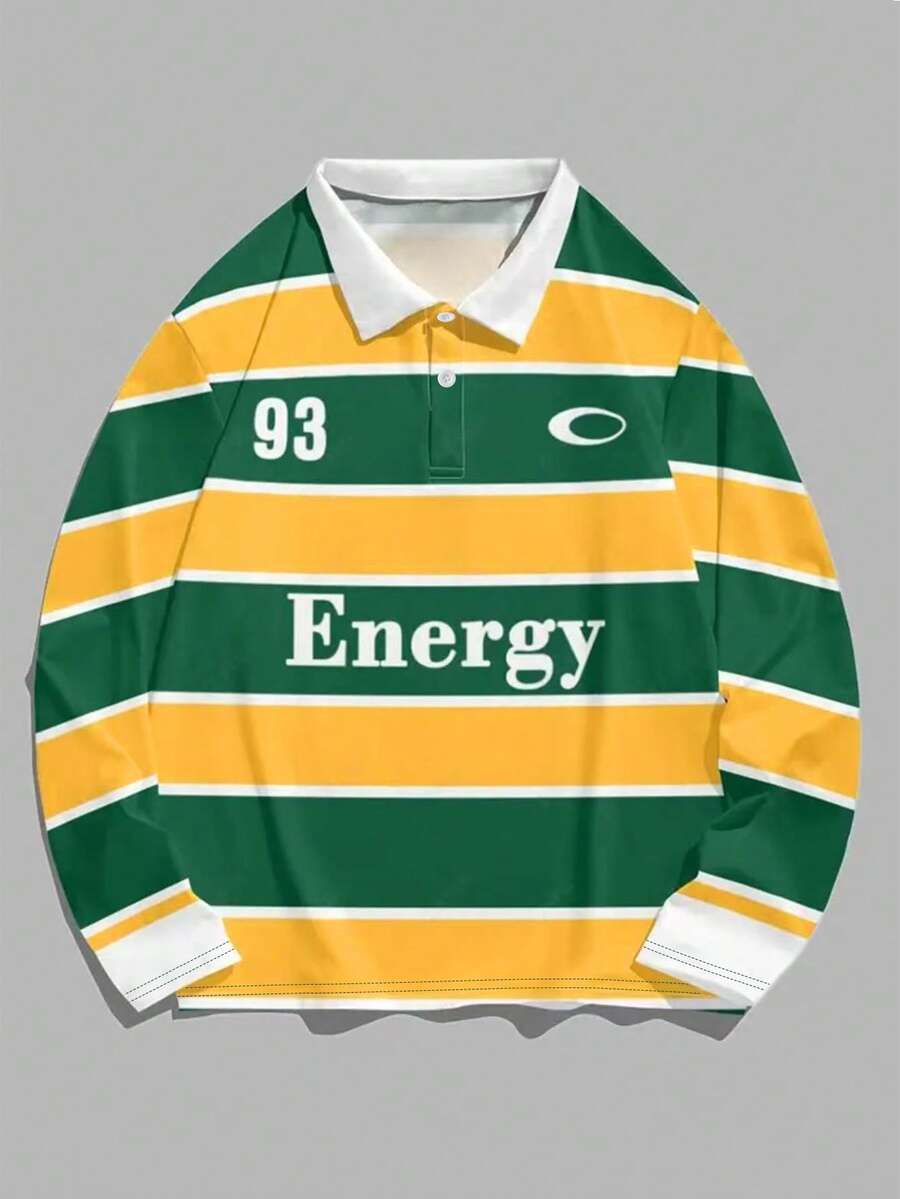 Men's Retro Spring/Autumn Striped Contrast Color Long Sleeve Polo Shirt With "Energy" & "93" Graphic, Collar Button, Casual Streetwear Outdoor Sports Tops - Multicolor - View 1