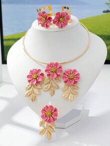 Bộ trang sức hoa thanh lịch 5 món, bao gồm 1 đôi bông tai, 1 vòng cổ, 1 vòng tay, 1 nhẫn, thích hợp cho phụ nữ, quà tặng quyến rũ cho đám cưới/tiệc tùng - Màu Hồng Tươi - Xem 2