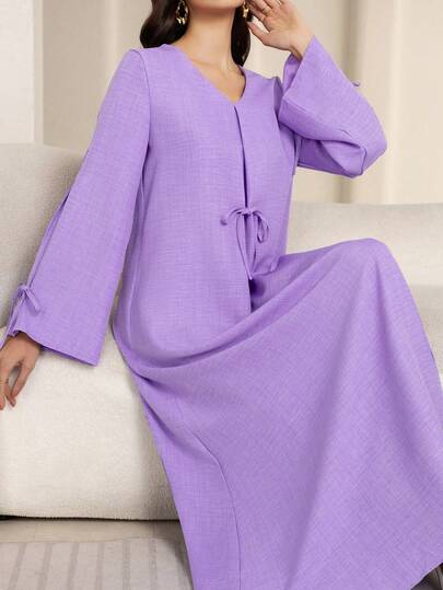 Women's V-Neck Drawstring Elegant Long Sleeve Robe Abaya Modest Kafftan Jalabiya Arabian Dresses