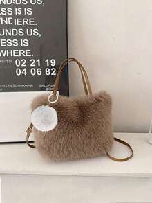 轻盈人造毛皮单肩包，配有可调节肩带和毛绒吊坠，磁扣开合，顶部提手设计，可手洗，适合日常出行，Honey Girl风格，人造皮革内衬，女士毛绒斜挎包 - 彩色 - 查看 7