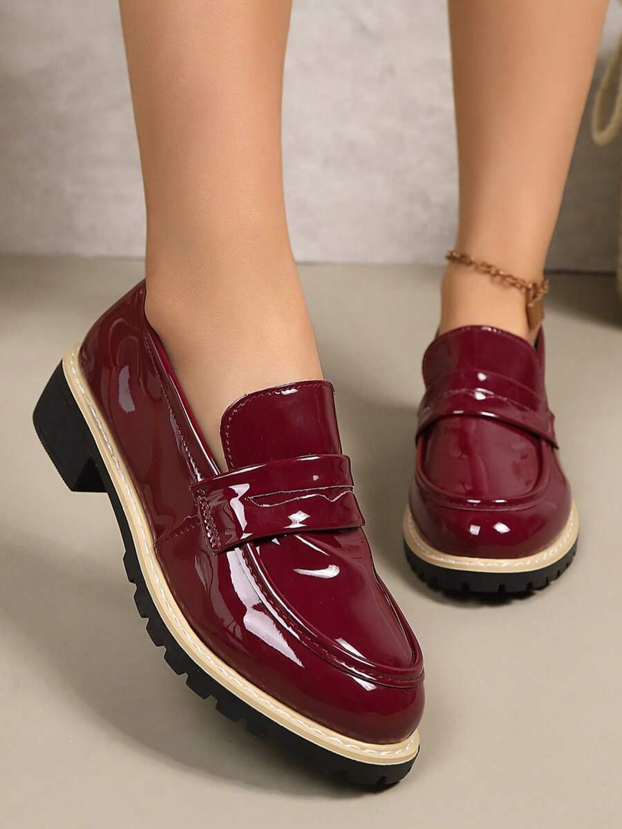 Women's Thick Sole Black Loafers, New British Style Flats Increase Height Suitable With Skirts/JK, Lace-Up Small Leather Shoes, Daily School Style Thick Sole Slip-On Mirror Shoes