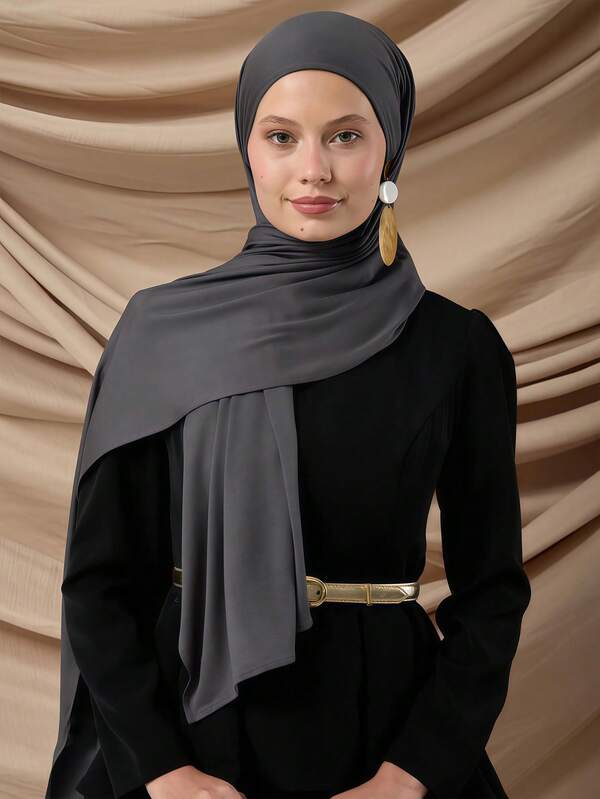 1pc Women's Simple Classic Solid Color Elegant Casual Edged Scarf, Premium Knit Fabric Viscose Jersey Hijabs Scarf, Long Turban Style Headscarf, Suitable For Daily Life, Outings And Gatherings