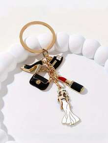 Women's Luxury Key Chain - High-Heel Shoe Design, Gold-Tone, Perfect Gift For Her On Weddings, Birthdays, Or Other Special Occasions; Elegant Purse Charm With Stylish Accessories, High-Heel, Lipstick, Bow, And Hat-Themed Pendants (Black/White/Red Accents) - Fashionable Women's Jewelry,Gifts For Ramadan, Valentine's Day, And Easter - Multicolor - View 3
