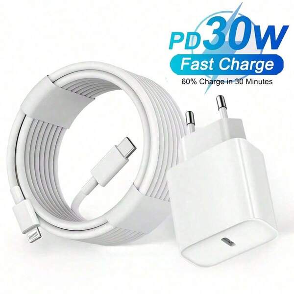 Carregador 30W Carregamento Rápido PD Adaptador UE + Cabo de Carregamento Rápido e Sincronização de Dados de 3,3 pés/100 cm de Alta Eficiência, Compatível com iPhone 14/13/12/11 Pro Plus/XS/XR/8/7/9, Compatível com Conjunto de Carregador de Parede da Série iPad