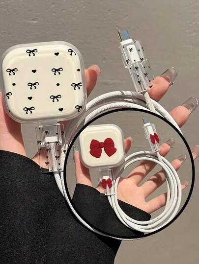 3pcs Set: Charger Protector Case, Cable Sleeve - Black Heart & Bow Design / Red Bow Design, Compatible With UK 18/20W Chargers