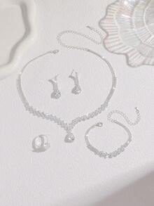 5pcs Luxury Zirconia Leaf Shaped Necklace, Earrings, Bracelet, Ring Jewelry Set, Elegant And Fashionable For Wedding, Party, Daily Commute