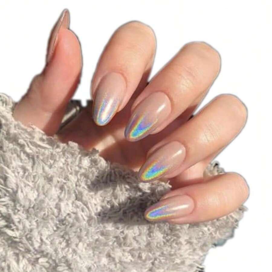 Laser Press On Nails Nude False Almond Nails Full Cover Acrylic Fake Medium Nails For Women And FFgirls 24PCS{Inchcolor_nameinch:InchColor10inch} - Màu 10 - Xem 1