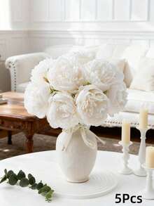 MEHELANY 5pcs Artificial White Peony Flowers, Fake Peony Silk Leaves, Suitable For Wedding, Home, Office, Party, Window Sill Decor, Dining Table Centerpiece, DIY Bridal Bouquet, Arch Decor, Indoor Outdoor Garden Spring Fake Flower Decor, Valentine's Day, Mother's Day, Anniversary Gift For Girls, Women, Mothers, Fathers - White - View 10