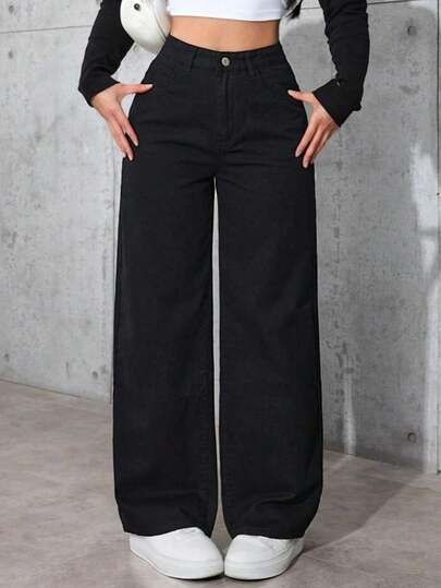 Elegantes jeans negros largos de pierna ancha para mujer, perfectos para uso casual, con gran elasticidad, prácticos bolsillos y cierre de cremallera con botón.