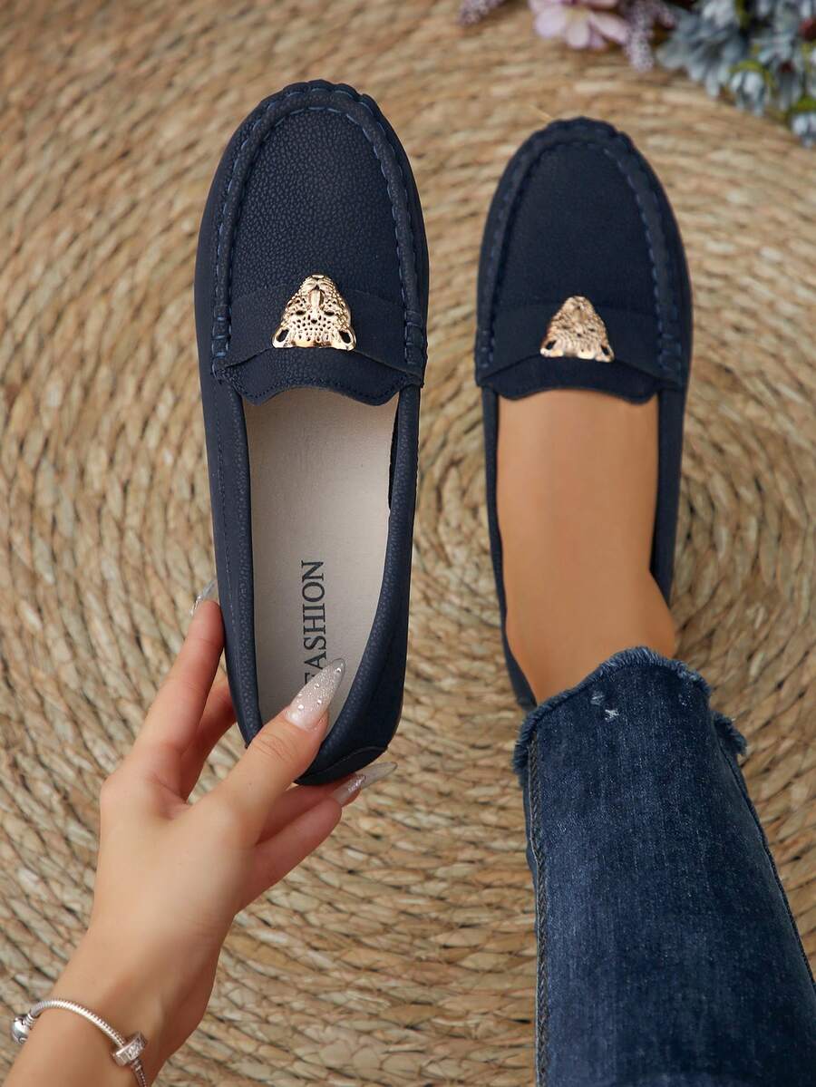 Women's Versatile, New Comfortable Soft-Sole Flats, Suitable For Outdoor, Home, Office, Vacation Wear, Bohemian, Elegant, Animal Pattern Metal Decor, Fashionable Casual Loafers - Navy Blue - View 1