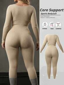 Winter Plus Size Women Seamless Slimming Jumpsuit With Compression, Long Sleeve And Pants