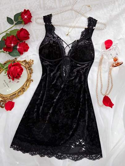 Solid Color Lace & Velvet Splice Sexy Nightgown, Deep V Backless Slit Sleepwear, Comfortable Women Nightdress For Autumn/Winter