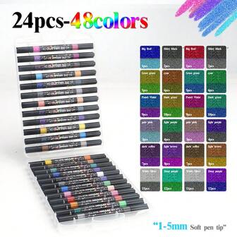 48/24 Colors Double-Ended Glitter Highlighter Pens, Pearlescent Metallic Marker Pens, Children/Student Coloring Drawing Fluorescent Pens, Art Supplies Set