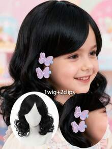 10-Inch Short Wig And 2pcs Pink Bow Hair Clips, Synthetic Heat-Resistant Wig, Girls Hair Accessories Bow Hair Clips - 自然黑 - 查看 15