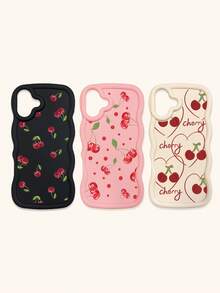 White Pink Black Milky White Creative Wavy Texture 3pcs Cherry Pattern Shockproof Phone Cases Fashion Phone Cases Compatible With IPhone & Galaxy Phones Spring Gift Case,International Version, Not The Domestic Version - Multicolor - View 16