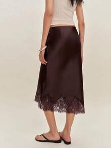 Women Satin Midi Skirt Silk Lace Trim Long Skirts Fashionable Elegant Solid Color A Line Flowy Silky Maxi Skirt For Under Dress Streetwear For Party Work Daily Wear - 棕色 - 查看 3