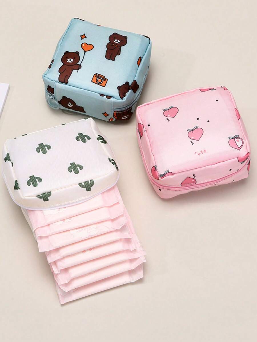 1pc Cute Cartoon Sanitary Pad Travel Pouch, Convenient For School And Outings - Multicolor - View 1