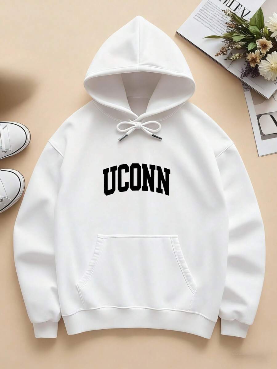 Men's & Women's Casual Rinted Hoodie Uconn White Text On Black Hoodie Unisex Pullover Sweatshirt Autumn/Winter
-White - trắng - Xem 1