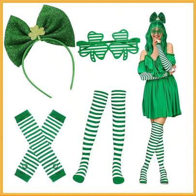 St. Patrick's Day Women's Tights, Gloves, Striped Socks Set, Venetian Blinds Glasses, Shamrock Headband