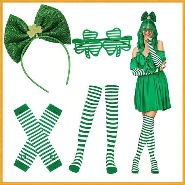St. Patrick's Day Women's Tights, Gloves, Striped Socks Set, Venetian Blinds Glasses, Shamrock Headband