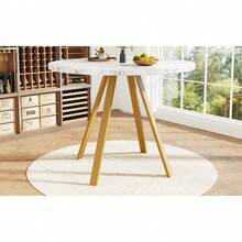 Round Dining Table (80*80*75cm), Kitchen Dining Table, Round Coffee Table For 4 People, Suitable For Dining Room, Living Room, Metal Table Legs, White Maple Pattern And Gold Table Legs - 白色+金色+MDF+金屬 - 查看 6