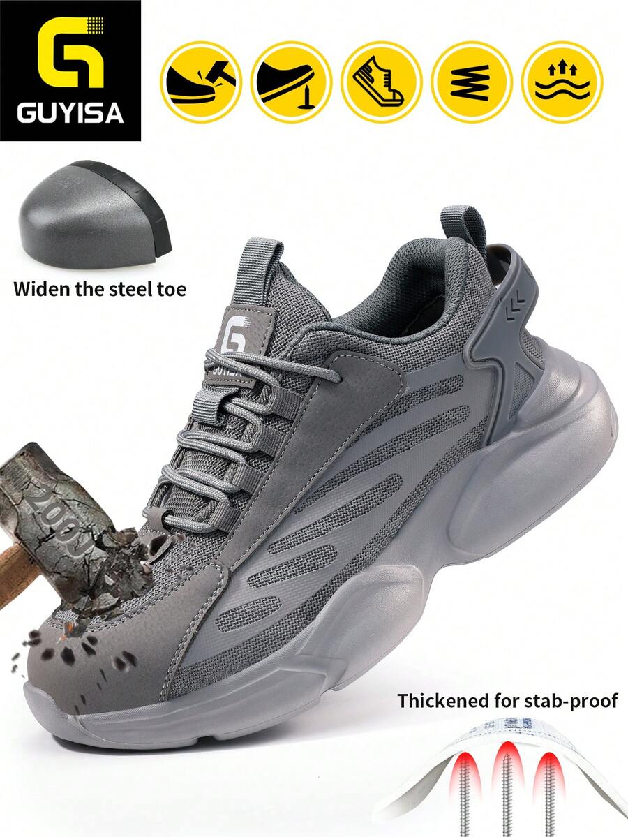 GUYISA 灰色男士像素鞋底安全鞋，钢头，防刺穿，防挤压，时尚轻便，适合工作 - 灰色 - 查看 1