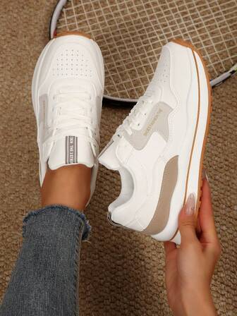 Khaki Casual Sports Shoes Lace-Up Patchwork Design Soft Leather College Style Low Vamp Versatile Casual Shoes, Comfortable Casual Fashion Running Sneakers