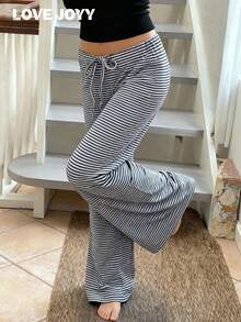 LOVE JOYY Women's Striped Color Block Knotted Casual Loungewear Set With Wide Leg Pants