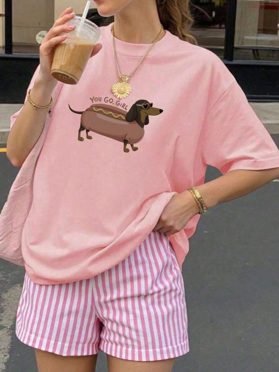 Funny Dog Slogan Graphic Print Loose Women Short Sleeve T-Shirt, Summer - Pink - View 1