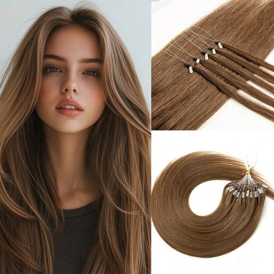 Micro Loop Hair Extensions Real Natural Straight Micro Ring Link Hair 12"-20" Loop Ring Human Hair Extension Black Brown Blonde 30g/Pack - S6 - Xem 1