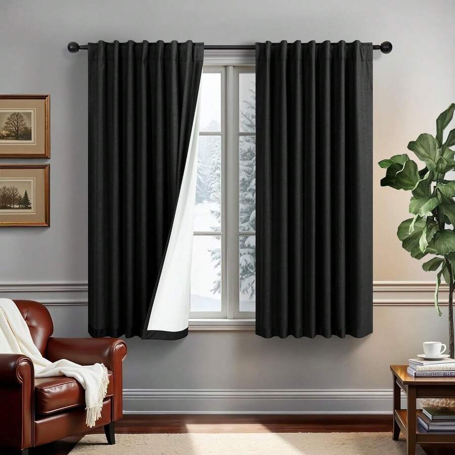 Cream Linen Blackout Curtains 84 Inch Long 2 Panel Set, Thermal Insulated Light Blocking, Neutral Rustic Farmhouse Style, Ivory White, 2025 - Black - View 1