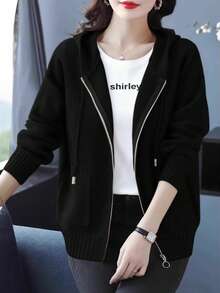 女士宽松拉链连帽卫衣，加厚针织外套，适合秋冬春季穿着，黑色 - 黑色 - 查看 4