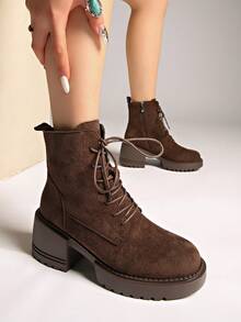 Fall/Winter 2025 Spring/Autumn New European Boots, Women's Chunky Heel Short Ankle Boots - Brown - View 6