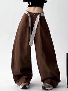 女式涤纶直筒裤，无弹力，纯色，宽松休闲裤