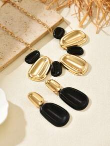 2pcs Fashionable Luxury Retro Gold & Black Asymmetrical Geometric Necklace & Earrings Set, Suitable For Women's Party, Banquet, Ball Attire, Stylish & Elegant Jewelry Gift Set - Set - View 3