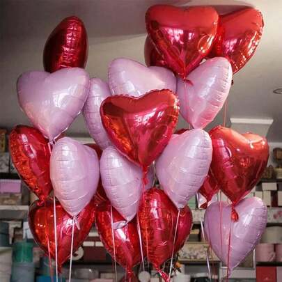 14pcs/Set 18-Inch Pink & Red Heart Shaped Foil Balloons, Suitable For Wedding, Birthday, Anniversary, Valentine's Day Decoration, Special Occasion Balloons, Shiny Decor, Durable Aluminum Foil, High Quality Balloons, Balloon Set, Birthday Party Decoration, Home Decor
