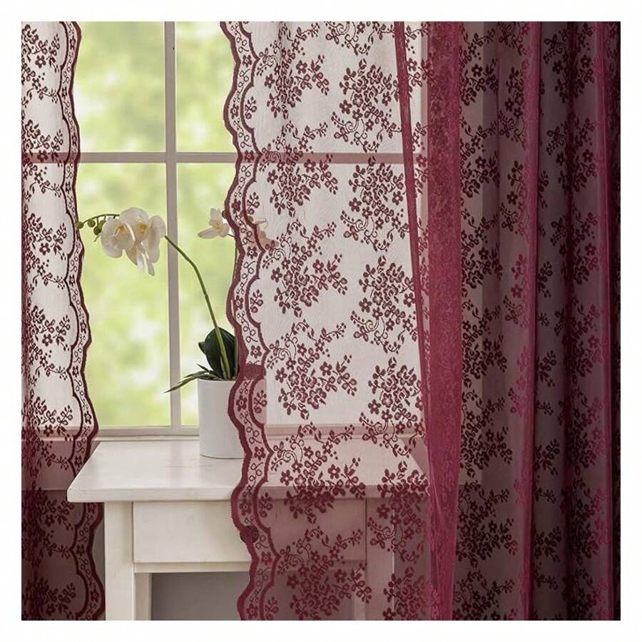 WineLace Curtains 90 Inches Long 2 Panels Elegant Floral Burgundy Sheer Curtain Panels For Living Room Patio Sliding Door Rod Pocket Wedding Party Christmas Decor 52" W X 90" L - 多色637 - 查看 1