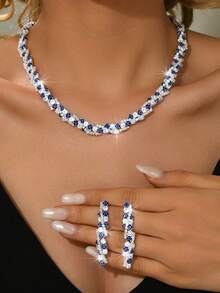 Juego de joyería de 5 piezas de lujo con cristal y circonita cúbica para mujeres, collar y aretes de ojo azul malvado, pulsera, combinación de anillo, noble y elegante, y versátil, el mejor accesorio para bodas, fiestas y todas las ocasiones - Juego de accesorios de 5 piezas - Ver 5