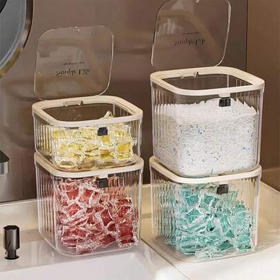 1pc Large Capacity Bathroom Tank Detergent Bead Storage Box, Waterproof Dustproof Multifunctional Container For Cleaning Agents, Liquids, Granules And Powders, Transparent ET Material, Stackable